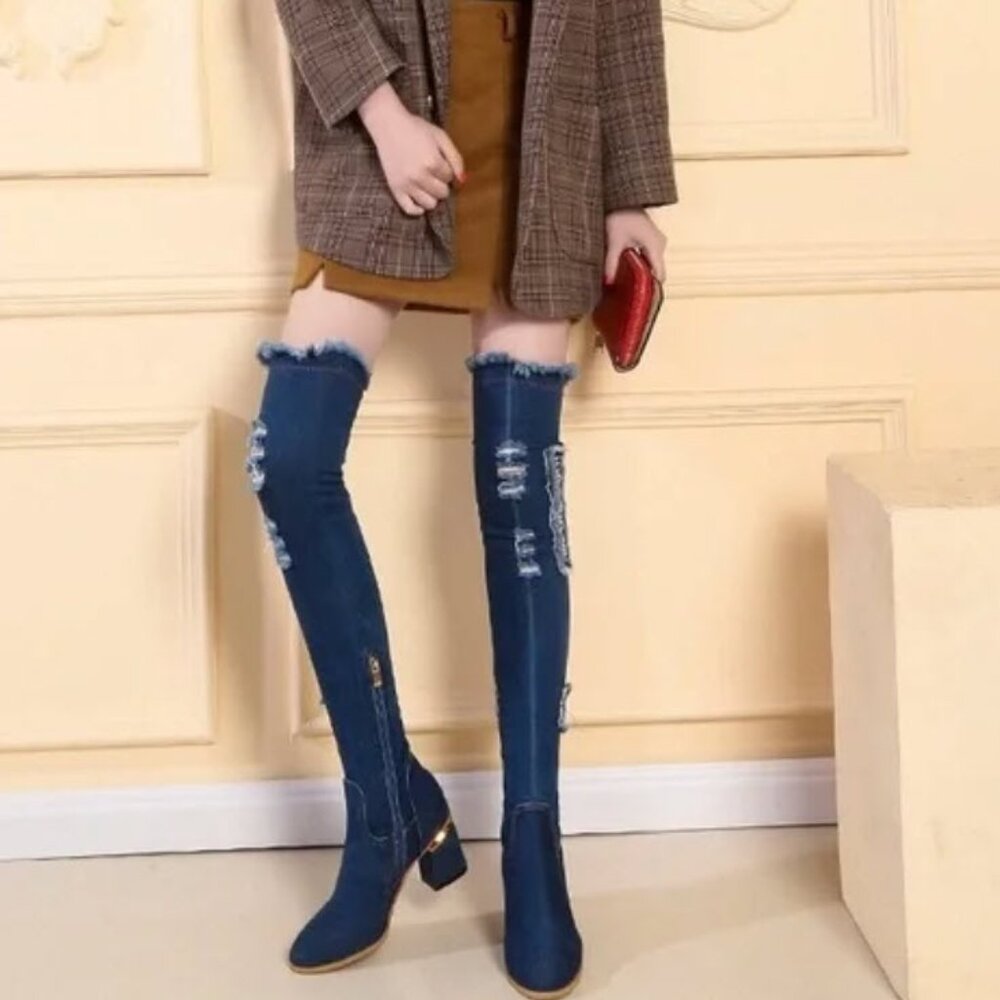 Denim Jean Distressed Patch Thigh High Over the Knee Block Heel Narrow Boots 7-8